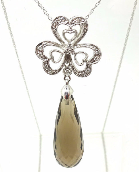 14k Gold Briolette Cut Genuine Natural Smoky Quartz Pendant w/ Diamonds (#J3715)