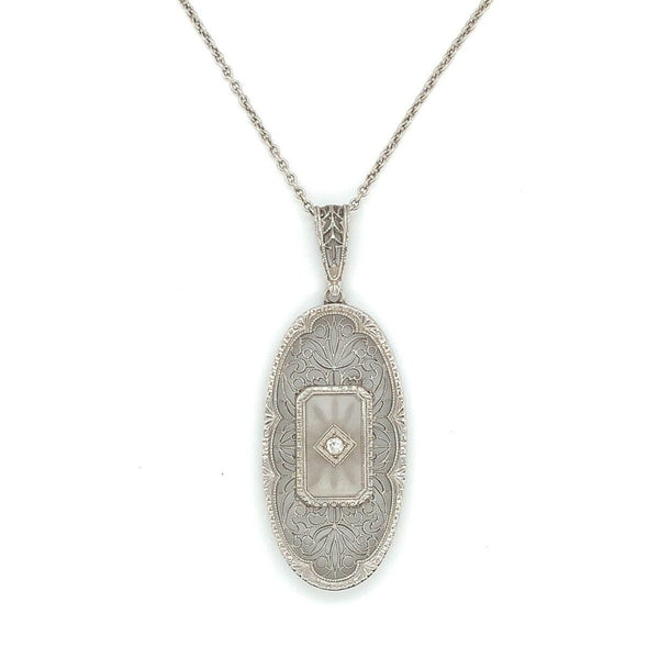 14k Gold Art Deco Genuine Natural Rock Crystal Quartz Filigree Pendant (#J6275)