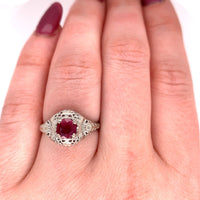 14k White Gold Art Deco .74ct Genuine Natural Ruby Filigree Ring (#J5619)