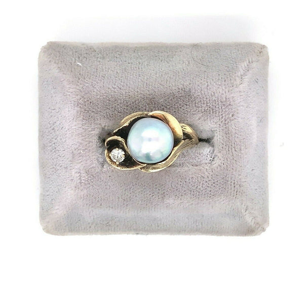 14k Yellow Gold Blue Akoya Pearl and Diamond Ring (#J5417)