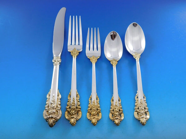 Grande Baroque Gold Accent by Wallace Sterling Silver Flatware for 12 Set 65 pcs