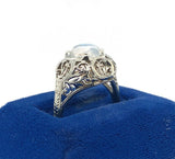 18k Gold Hand Pierced Filigree Genuine Natural Moonstone Ring Blue Flash #J5572
