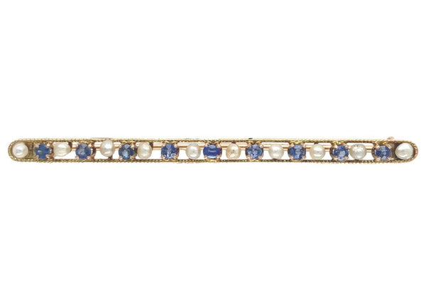 10k Yellow Gold Antique Montana Sapphire and Pearl Bar Pin Jewelry (#J7046)