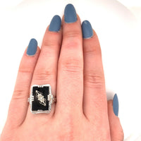 14k White Gold Filigree Genuine Natural Black Onyx and Diamond Ring (#J5573)