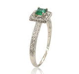 10k White Gold Genuine Natural Emerald Ring with Diamond Halo Size 6.5 (#J6808)