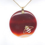 14k Yellow Gold Enamel Bee on Large Genuine Natural Agate Disk Pendant (#J6232)