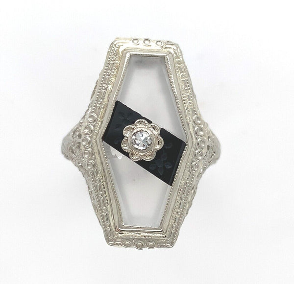 10k Gold Filigree Genuine Natural Rock Crystal Quartz and Onyx Ring (#J6358)