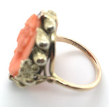 14k Gold Arts and Crafts Handwrought Genuine Natural Coral Cameo Ring  (#J7396)