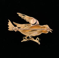 14k Yellow Gold Pin of Bird on a Branch with Genuine Natural Chalcedony (#J6013)