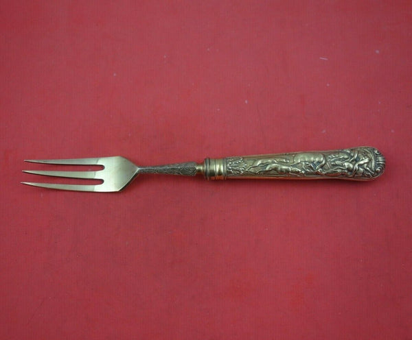 Stag Hunt English Sterling Silver Serving Fork 3-Tine Vermeil HH AS 9 3/4"