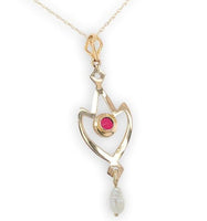 10k Gold Lavaliere with Pearl Drop and Red Glass Accent with 14k Chain (#J6678)