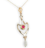 10k Gold Lavaliere with Pearl Drop and Red Glass Accent with 14k Chain (#J6678)