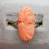 14k Yellow Gold Art Deco Genuine Natural Coral Cameo Ring Size 4.5 (#J705)