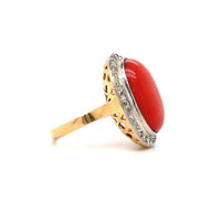 18k Gold and Platinum Genuine Natural Ox Blood Coral and Diamond Ring (#J5398)