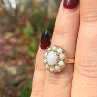 14k Yellow Gold Genuine Natural Opal Ring with an Oval Halo or Rosette (#J6454)
