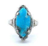 14k Gold Art Deco Genuine Natural Turquoise Marquise Filigree Ring (#J5187)