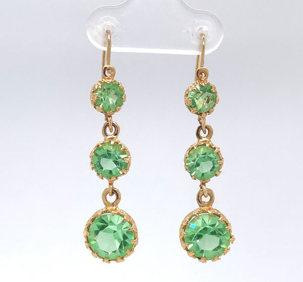 14k Yellow Gold Green Paste / Glass Vintage Dangle Earrings Jewelry (#J6264)