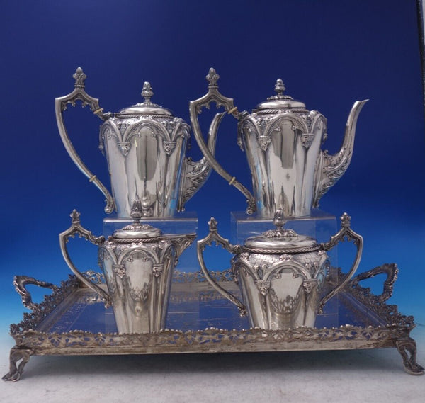 Portuguese .833 Silver Tea Set 4pc Brick Motif Roses Gothic Archway w/Tray #7213
