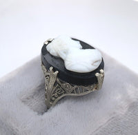 18k White Gold Art Deco Filigree Genuine Natural Stone Cameo Ring (#J6214)