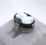 18k White Gold Art Deco Filigree Genuine Natural Stone Cameo Ring (#J6214)