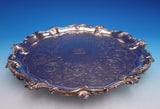 English Silverplate Salver Tray w/ Lion Crest Round Footed Floral 12" (#9202)