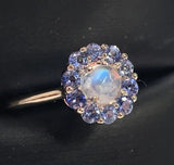 14k Yellow Gold Genuine Natural Moonstone and Sapphire Ring Size 6.25 (#J7618)