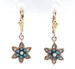 10k Yellow Gold Victorian Turquoise and Seed Pearl Flower Dangle Earrings #J6344