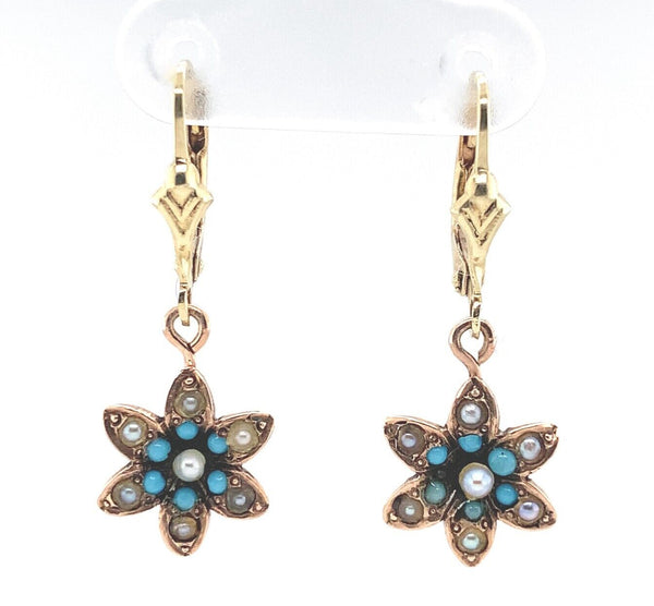 10k Yellow Gold Victorian Turquoise and Seed Pearl Flower Dangle Earrings #J6344