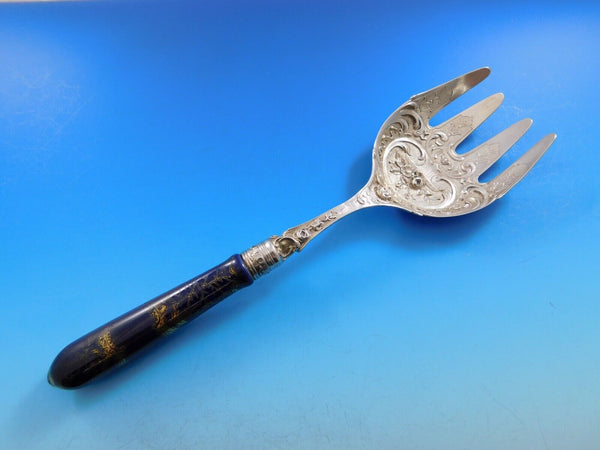 Cobalt Dresden German Silver Buffet Fork Gold Washed Fancy 9 5/8" Floral