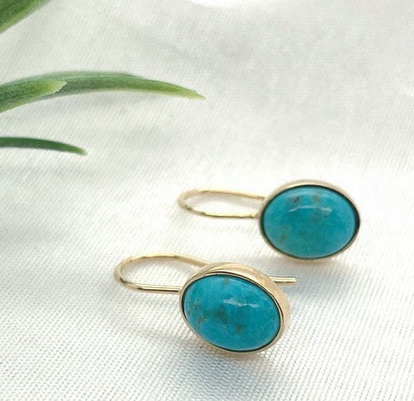14k Gold Genuine Natural Kingman Turquoise Drop Earrings 4.32 Carat TW (#J7143)