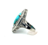 14k White Gold Art Deco Genuine Natural Turquoise Filigree Ring (#J5217)