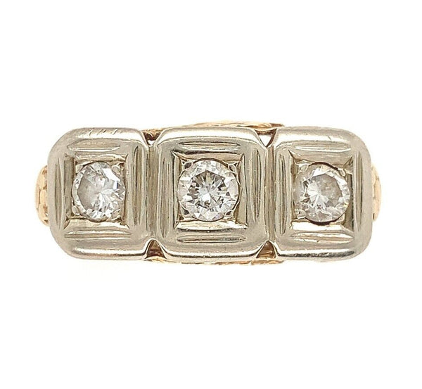 14k Yellow Gold Three Stone Genuine Natural Diamond FIligree Ring (#J6625)