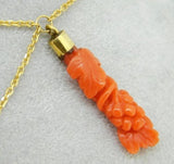 14k Gold Victorian Carved Genuine Natural Coral Festoon Necklace w/Bird (#J2586)