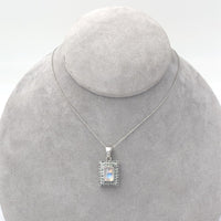 14k White Gold Rainbow Genuine Natural Moonstone Teal Sapphire Pendant (#J6260)