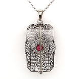 14k White Gold Art Deco Genuine Natural Ruby Filigree Pin Pendant (#J5601)