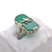 14k Gold Filigree Genuine Natural Green Onyx / Chrysoprase Diamond Ring (#J6213)