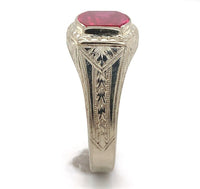 14k White Gold Men's Synthetic Lab-Created Ruby Ring w/ Hand Engraving (#J6643)