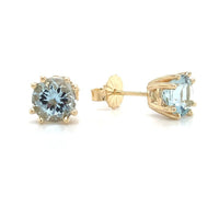 14k Yellow Gold Round Genuine Natural Aquamarine Stud Earrings (#J6325)