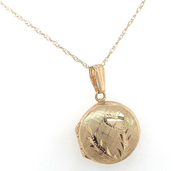 14k Yellow Gold Very Small Round Locket with Engraved Heart and Chain (#J6524)