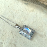 14k White Gold Rainbow Genuine Natural Moonstone Teal Sapphire Pendant (#J6260)