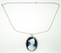 18k White Gold Genuine Natural Agate Stone Cameo Diamond Pendant (#J2463)