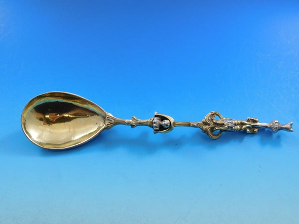 European Sterling Silver Preserve Spoon Heavy Cast Figural Vermeil 8 1/8"