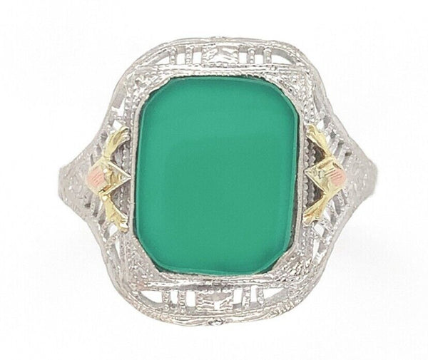 10k White Gold Filigree Ring with Genuine Natural Green Onyx w/ Accents (#J6598)