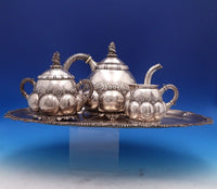 Hungarian 935 Silver Tea Set 4pc Art Deco Hand Hammered w/ Stone Finial (#8314)