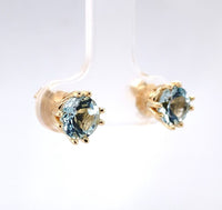 14k Yellow Gold Round Genuine Natural Aquamarine Stud Earrings (#J6325)