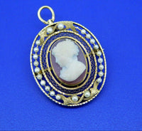 14k Yellow Gold Victorian Stone Cameo and Pearl Pin Pendant (#J5011)