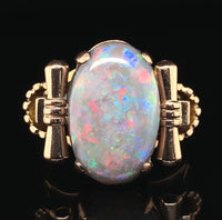 14k Rose Gold Retro Genuine Natural Black Opal Ring Handwrought Size 7 (#J6932)