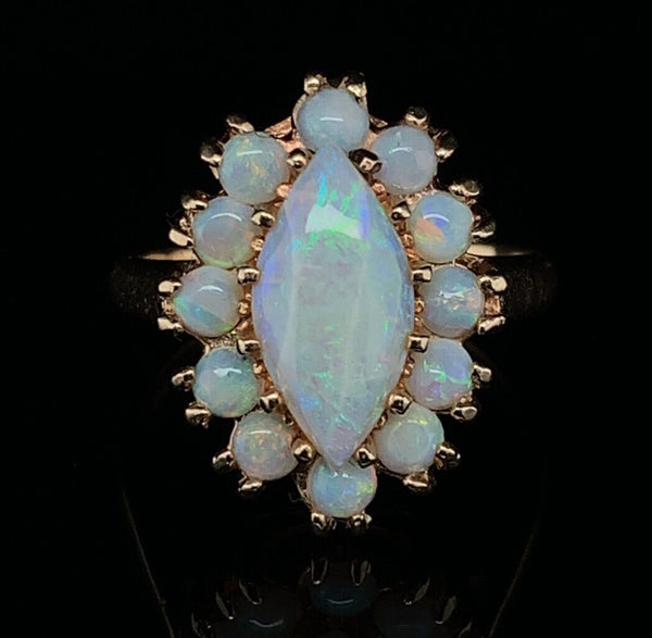 14k Yellow Gold Marquise Genuine Natural Opal Ring with Opal Halo (#J5937)