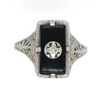 10k White Gold Genuine Natural Black Onyx and Diamond Filigree Ring (#J6212)