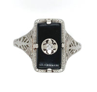 10k White Gold Genuine Natural Black Onyx and Diamond Filigree Ring (#J6212)